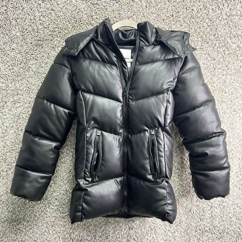 Steve Madden Coat Girls Large 14-16 Black Faux Leather Zip Up Puffer with‎ Hood